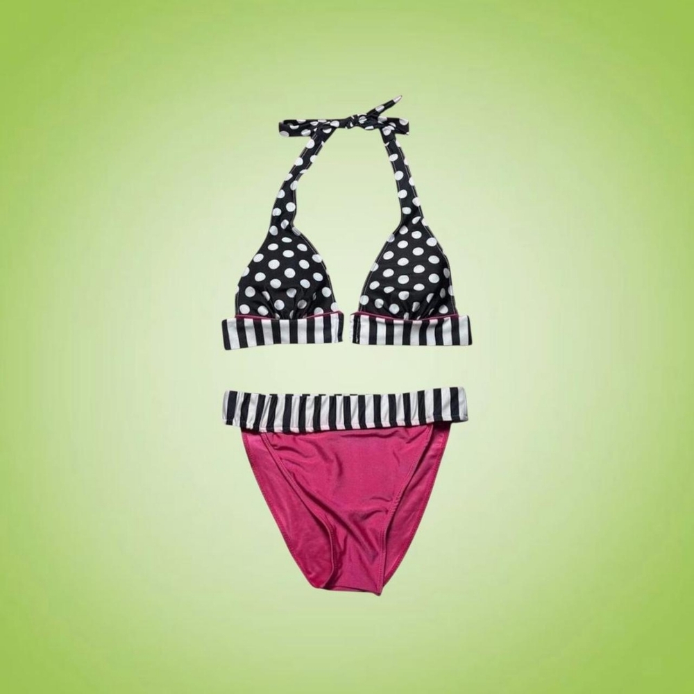 Gamiss Women's Black and Pink Polka Dot Striped Halter Tie Bikini Sets